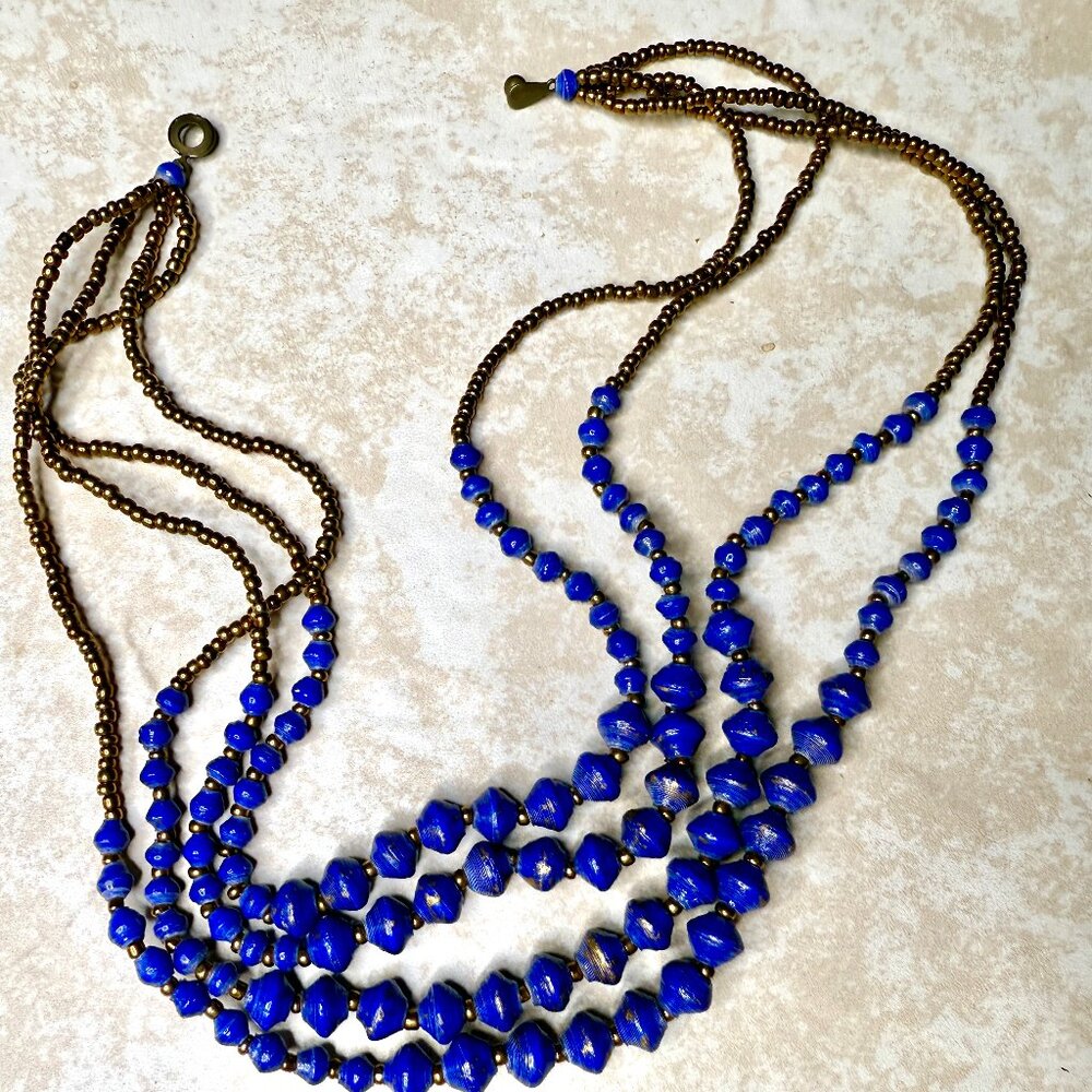 Vintage Teng Yue Blue Paper Bead Necklace 19" eco chic jewelry